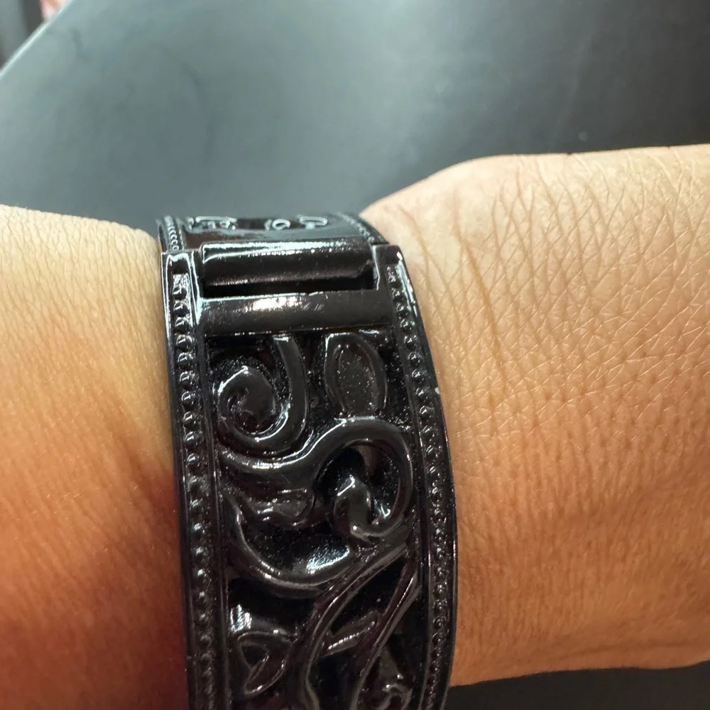 Black Filigree Bangle Cuff Watch – Hinged Bracelet Style, Quartz Movement - Picture 5 of 9